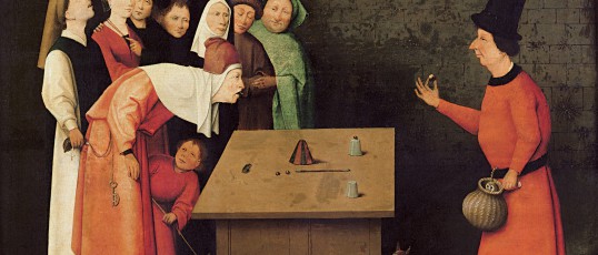 XSL93883 

Credit: The Conjuror (oil on panel) (pre-restoration) by Bosch, Hieronymus (c.1450-1516)

©Musee d'Art et d'Histoire, Saint-Germain-en-Laye, France/ Giraudon/ The Bridgeman Art Library

Nationality / copyright status: Netherlandish / out of copyright