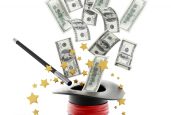 100 dollar bills flying out of illusionist hat.