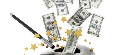 100 dollar bills flying out of illusionist hat.